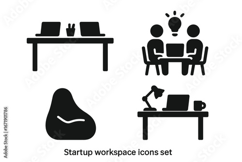 Modern startup workspace vector icon set. Solid filled icons of coworking desks, creative teamwork, brainstorming, beanbag chair, workstations, laptop office, shared workspace environment.