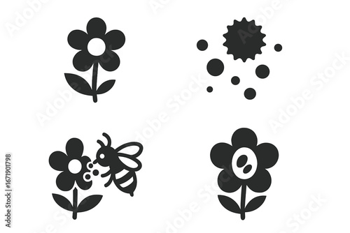 Pollination process vector icon set. Bee on flower collecting nectar, pollen grains, seed formation. Biology, reproduction, fertilization concepts. Solid filled glyph icons.