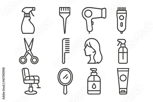 Hair salon icon set. Hairdressing linear icons. Barber shop tools collection. Beauty salon equipment. Vector outline symbols for haircut, hairstyle, and hair care.