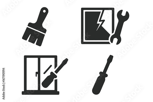 Solid filled vector icon set of window repair and maintenance tools including paint brush, glass pane replacement, screwdriver for home improvement and construction work