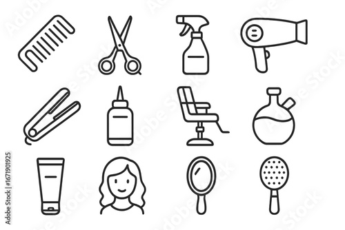 Hair salon and barbershop line icon set. Hairdressing tools, equipment, and accessories for hairstyling. Vector outline symbols of scissors, comb, dryer, and chair.