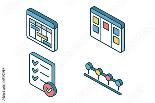 Project management isometric icon set. Gantt chart, Kanban board, timeline roadmap, and checklist for business strategy. Agile scrum workflow, task planning vector icons.