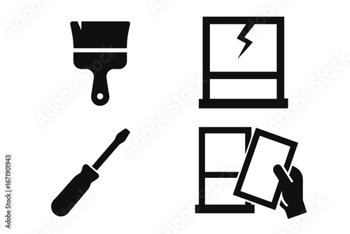 Solid filled window repair tools icon set including paint brush, glass pane replacement, screwdriver for maintenance and renovation, vector illustration transparent background