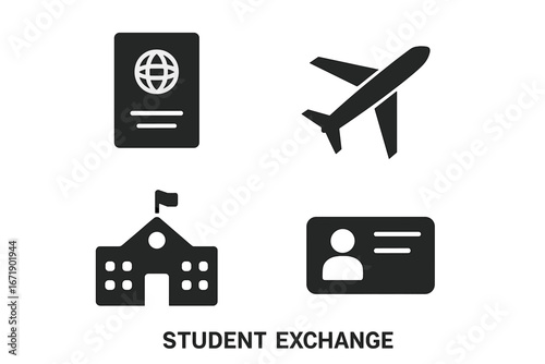 Student Exchange Vector Icons Set. Passport, Airplane, School Building, Student ID. International Study Abroad Program, Travel, Education, Identification Concept. Solid Black Symbols Illustration