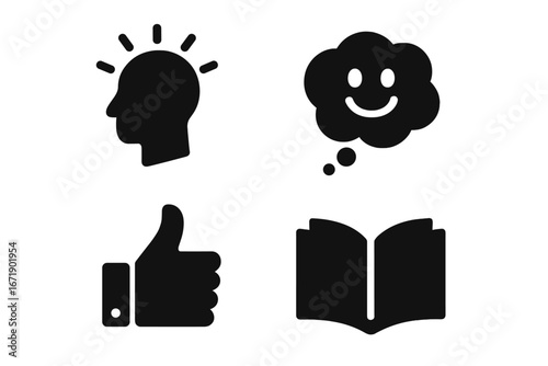 Positive mindset solid glyph icon set. Vector symbols for personal growth, happy thoughts, bright ideas. Thumbs up for approval, open book for knowledge and self improvement.