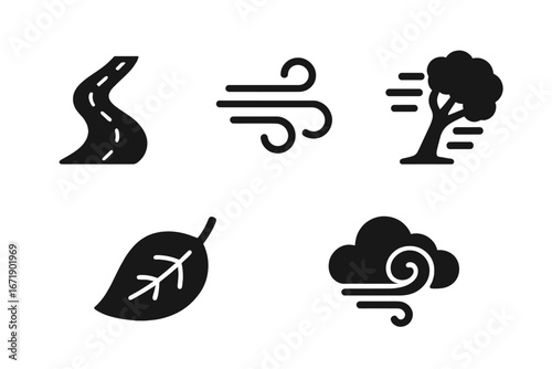 Windy road and weather vector icon set. Curved highway, strong wind gust, swaying tree, blowing leaf, cloud swirl. Storm, breeze, tornado, natural forces, windy climate solid pictogram collection