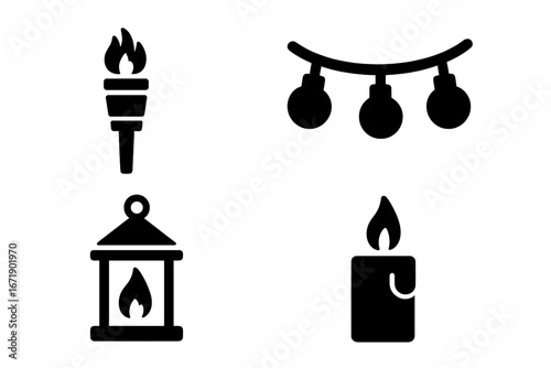 Summer poolside lighting icons set featuring solid filled tiki torch, fairy lights, lantern, candle vector illustrations for outdoor party, tropical decoration, and evening ambiance