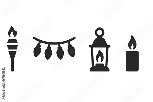 Summer poolside lighting icons set with solid filled tiki torch, fairy lights, lantern, candle vector illustration for outdoor party, garden decoration, festive ambiance