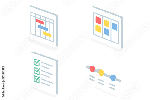 Project management isometric icon set. Gantt chart, Kanban board, timeline roadmap, and checklist for business planning. Agile scrum workflow, task management, and strategy.