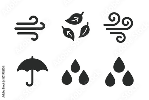 Windy Weather Icons Set with Solid Filled Symbols of Gusts, Blowing Leaves, Swirling Air, Umbrella Protection, Raindrops, and Autumn Fall Wind Elements for Weather Forecast and Seasonal Design