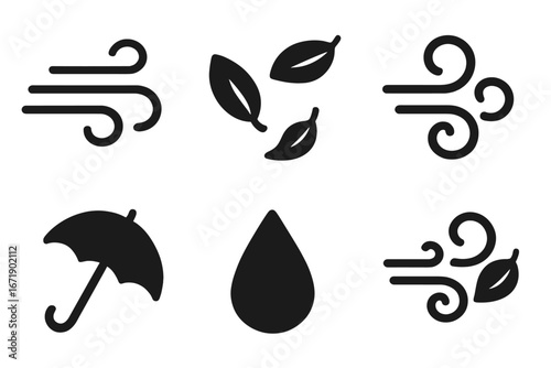 Windy weather icon set. Solid vector symbols of gusty wind, blowing leaves, swirling air, storm, umbrella, raindrop. Autumn fall meteorology forecast, wet rainy climate, simple pictogram collection.