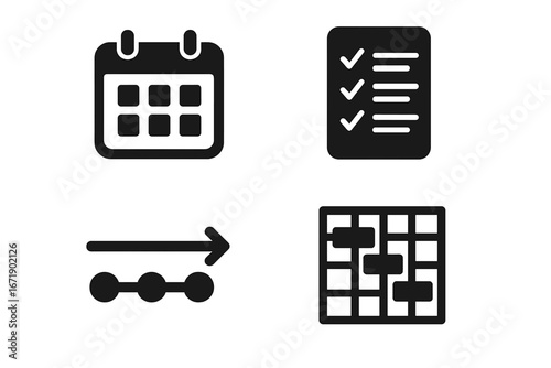 Project management solid glyph icon set. Business planning and organization concepts. Vector icons of calendar schedule, task checklist, workflow timeline, and Gantt chart plan.