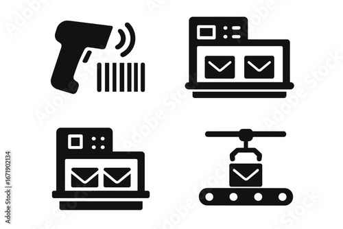 Post office automation solid icons. Postal service, logistics and delivery concept. Barcode scanner, automated mail sorting, robotic arm, conveyor belt. Vector glyph symbols.