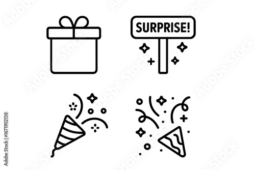 Surprise celebration icons set with outline style including surprise reveal moment, closed cake box, "Surprise!" sign, party popper, confetti vector illustration on transparent background