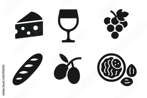 Wine and Food Pairing Icons Collection. Solid Vector Set with Cheese Wedge, Wine Glass, Grapes, Baguette, Olives, Charcuterie, Nuts. Culinary Matching Graphics for Restaurant Menu and Gourmet Events