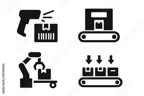 Post office automation solid icon set. Barcode scanner, sorting machine, robotic arm, conveyor belt. Logistics, warehouse, package delivery, shipping process vector symbols.