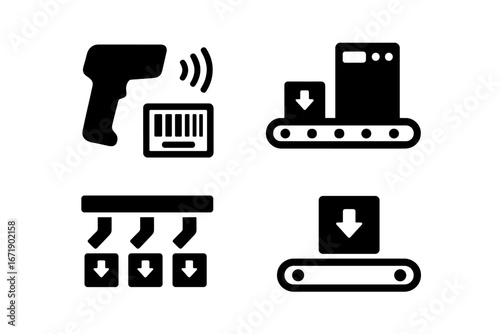 Post office automation solid icon set. Logistics, warehouse, and delivery service glyphs. Barcode scanner, conveyor belt, automated parcel sorting machine and package vector.
