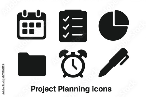 Project planning solid glyph icon set. Business management symbols. Calendar, schedule, checklist, task, report, data analysis, folder, deadline, alarm clock, pen vector.