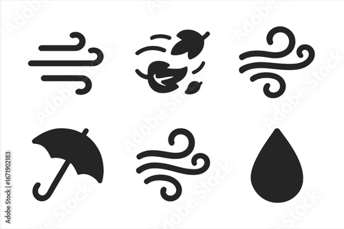 Windy weather icons solid filled vector set. Blowing wind, gust symbols, autumn leaves, swirling air, umbrella, raindrop. Fall breeze, turbulent weather conditions, meteorology illustration.