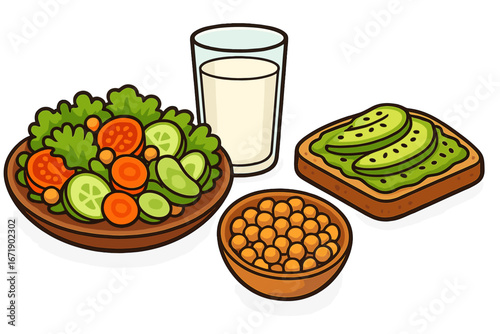 Healthy meal options with fresh salad, creamy avocado toast, glass of milk, and bowl of chickpeas, vector cartoon illustration on transparent background