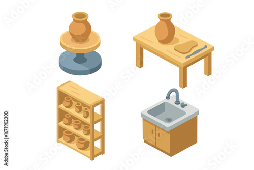 Pottery studio isometric icon set. Ceramic workshop equipment and furniture for crafting. Potter's wheel, worktable with clay, shelving with pots, and sink. Hobby concept.