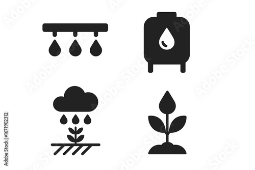 Water Conservation Vector Icons Set. Drip Irrigation, Rainfall on Plants, Water Tank Storage, Eco-Friendly Farming, Sustainability Symbols, Solid Filled Agriculture Water Management Illustration