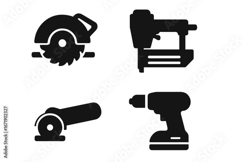 Power tool icon set. Solid glyph collection for construction and carpentry. Features circular saw, nail gun, angle grinder, and electric drill symbols. Vector illustration.