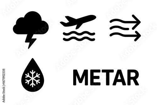 Weather aviation vector icons set. Solid filled turbulence, storm cloud lightning, wind shear, icing, METAR, flight conditions symbols for pilot briefing. Meteorology warning illustration.