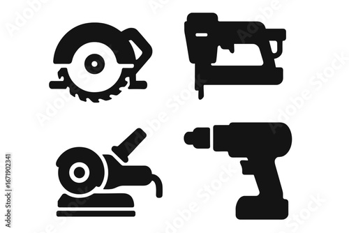 Power tool icon set. Solid glyph collection of workshop equipment. Vector silhouette illustrations of circular saw, nail gun, angle grinder, and electric drill for DIY projects.