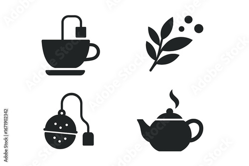 Tea brewing icons set with solid filled style featuring teabag in cup, loose leaf tea, tea infuser, teapot with lid, hot beverage symbols, vector illustration on transparent background
