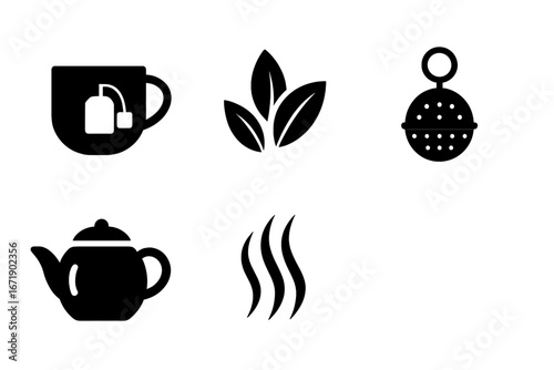 Tea Brewing Methods Icons Set. Solid Filled Vector Illustrations of Teacup with Teabag, Loose Leaf Tea, Tea Infuser, Teapot, Hot Steam Symbols. Black Silhouette Tea Drink Elements Collection