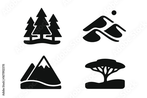 Nature habitats icon set. Solid glyph vector collection of various landscapes. Forest, desert dunes, snowy mountain and savanna silhouette symbols for ecology and travel.