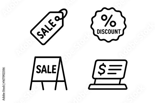 Promotional Icon Set. Sale tag, discount badge, stand sign, price display. Vector outline icons for retail, shopping, commerce, marketing, advertising, and special offers.