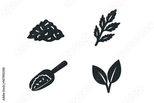 Solid Tea Leaf Icons Set with Filled Botanical Elements, Loose Tea Leaves, Dried Herbs, Tea Scoop, and Tea Leaf Sprigs, Vector Illustration with Transparent Background, Herbal Tea Symbols