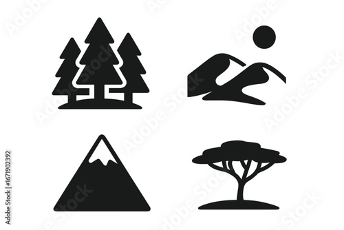 Nature habitat vector icon set. Forest, desert, mountain, savanna biomes. Solid glyph silhouette icons of different environments. Landscape collection for web and graphic design.