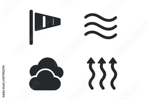 Weather icon grid with solid vector symbols depicting wind and air conditions including wind flag, gust lines, cloud layer, turbulence, atmospheric elements, meteorology symbols set