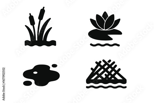 Wetland habitat icons set with solid filled designs featuring marsh reeds, water lily, mud patch, beaver dam, flooded water ecosystem elements in vector illustration on transparent background