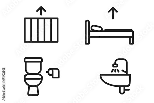 Prison conditions improvement icon set. Human rights in jail concept. Better living in cell. Barred window, bed, toilet, sink vector. Correctional facility standards reform.