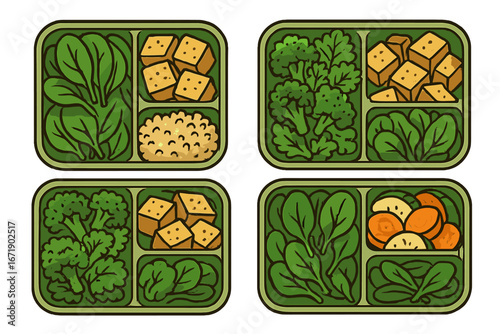 Healthy vegetarian meal prep with bowls of fresh greens, tofu dishes, broccoli, and nutritious vegetables for a balanced vegan diet, vector cartoon illustration with transparent background