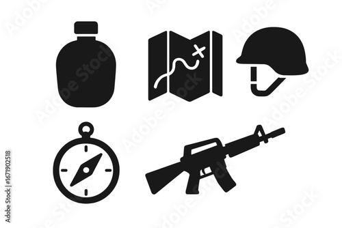 Military Equipment Icon Set. Solid vector icons of soldier gear including canteen, helmet, assault rifle, navigator compass, topographic map. Army survival kit symbols. Black silhouette illustrations.