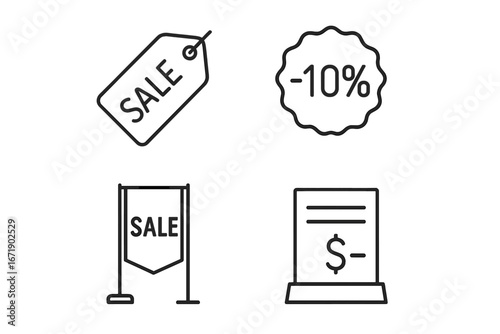 Sale promotion icon set for retail and marketing. Vector outline collection of discount tag, price badge, advertising banner and signage. Shopping offer and special deal symbols.