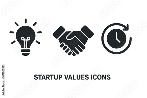 Startup Values Icons Set. Innovation Lightbulb, Teamwork Handshake, Flexible Time Management, Business Culture, Entrepreneur Leadership, Creative Ideas, Collaboration. Solid Vector Graphic