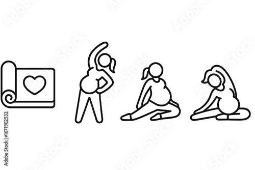 Prenatal fitness and yoga icon set. Healthy pregnancy exercise and stretching symbols. Pregnant woman doing gymnastics. Mother-to-be active lifestyle and wellness concept vector.