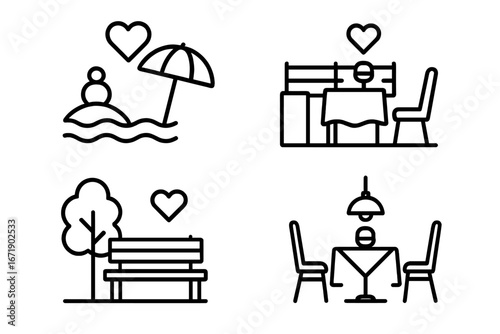 Romantic proposal location icon set. Engagement or date concepts. Vector outline icons of a beach, rooftop terrace, park bench, and restaurant table. Love and relationship symbols.