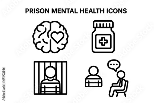 Prison mental health icons. Vector icon set for prisoner psychology, therapy, and medical support. Inmate mental care, counseling, brain health, and medication symbols.