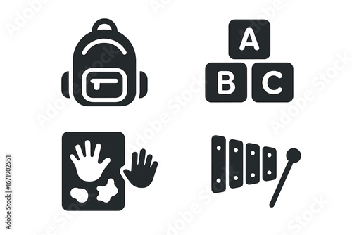 Preschool education glyph icon set. Early childhood development symbols. Back to school concept. Vector collection of backpack, ABC blocks, finger painting and xylophone musical instrument.