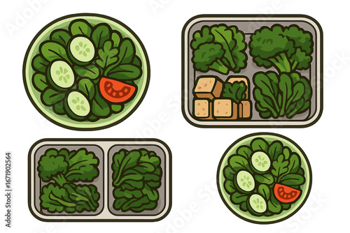 Healthy Vegetarian Meal Prep Bowls with Fresh Greens, Tofu, Spinach, Broccoli, Cucumber, Tomato, Nutritious Plant-Based Diet Concept, Cartoon Vector Illustration