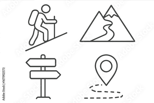 Hiking trail outline icon set, adventure and navigation signs, mountain path symbols, outdoor trekking route markers, vector cartoon illustration collection with transparent background, ordered set