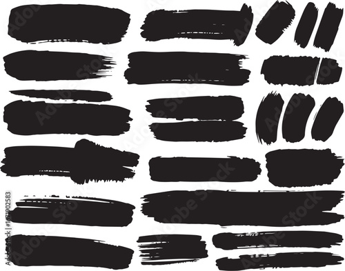 Brush set. Vector black paint brush spots, highlighter lines or felt-tip pen marker. Ink smudge abstract shape stains and smear set with texture 