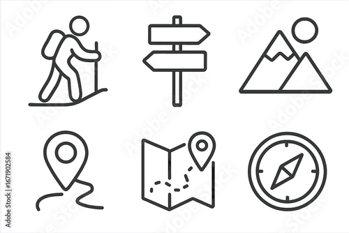 Hiking Trail Outline Icon Set, Adventure and Navigation Signs, Vector Cartoon Illustration, Transparent Background, Outdoor Travel, Exploration, Map Symbols Collection